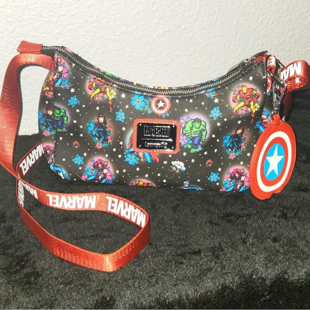 Loungefly Marvel Kids Black Bag with Red Strap and Multicolor Graphics